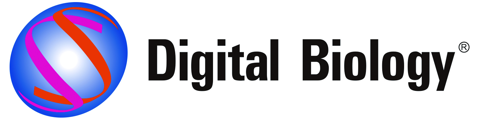 A blue sphere with red and pink ribbon-like bands next to the words Digital Biology in bold black letters.